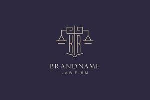 Initial letter KR logo with scale of justice logo design, luxury legal logo geometric style vector