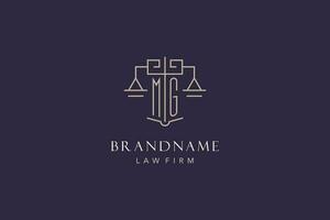 Initial letter MG logo with scale of justice logo design, luxury legal logo geometric style vector