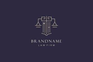 Initial letter MH logo with scale of justice logo design, luxury legal logo geometric style vector