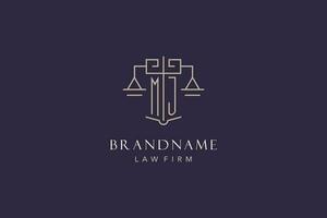 Initial letter MJ logo with scale of justice logo design, luxury legal logo geometric style vector