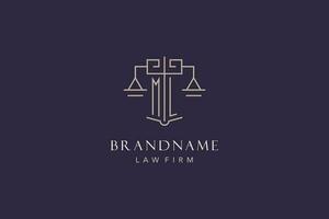 Initial letter ML logo with scale of justice logo design, luxury legal logo geometric style vector