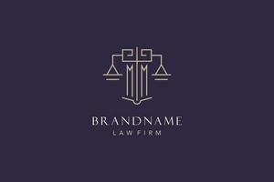 Initial letter MM logo with scale of justice logo design, luxury legal logo geometric style vector
