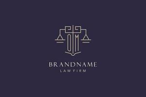 Initial letter OM logo with scale of justice logo design, luxury legal logo geometric style vector