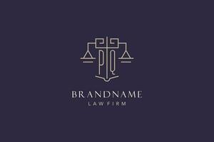 Initial letter PQ logo with scale of justice logo design, luxury legal logo geometric style vector