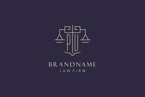 Initial letter PU logo with scale of justice logo design, luxury legal logo geometric style vector