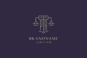 Initial letter PR logo with scale of justice logo design, luxury legal logo geometric style vector