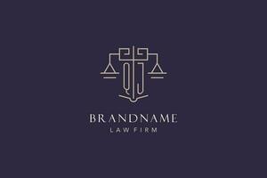 Initial letter QJ logo with scale of justice logo design, luxury legal logo geometric style vector