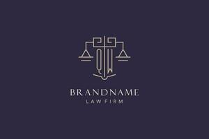 Initial letter QW logo with scale of justice logo design, luxury legal logo geometric style vector