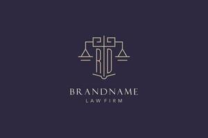 Initial letter RD logo with scale of justice logo design, luxury legal logo geometric style vector