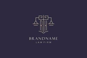 Initial letter RK logo with scale of justice logo design, luxury legal logo geometric style vector