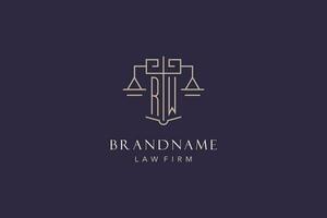 Initial letter RW logo with scale of justice logo design, luxury legal logo geometric style vector