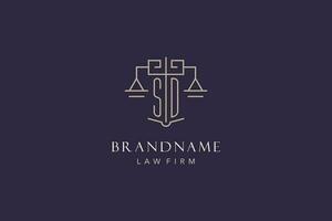 Initial letter SD logo with scale of justice logo design, luxury legal logo geometric style vector