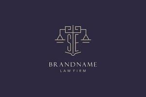 Initial letter SE logo with scale of justice logo design, luxury legal logo geometric style vector