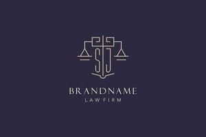 Initial letter SJ logo with scale of justice logo design, luxury legal logo geometric style vector