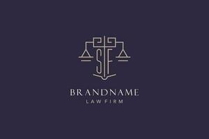 Initial letter SF logo with scale of justice logo design, luxury legal logo geometric style vector