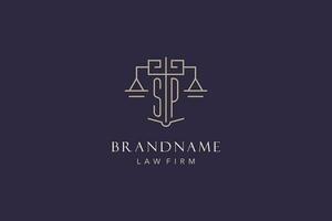 Initial letter SP logo with scale of justice logo design, luxury legal logo geometric style vector