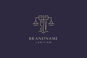 Initial letter SV logo with scale of justice logo design, luxury legal logo geometric style vector