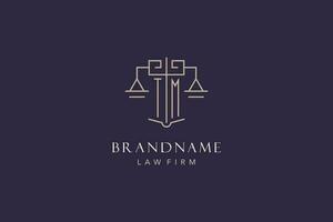 Initial letter TM logo with scale of justice logo design, luxury legal logo geometric style vector