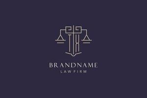 Initial letter TX logo with scale of justice logo design, luxury legal logo geometric style vector