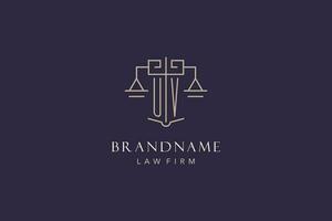 Initial letter UV logo with scale of justice logo design, luxury legal logo geometric style vector