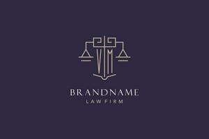 Initial letter VM logo with scale of justice logo design, luxury legal logo geometric style vector