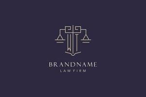 Initial letter WT logo with scale of justice logo design, luxury legal logo geometric style vector
