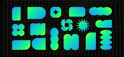 Geometric holographic frame shapes on a black background. Abstract backgrounds, patterns, cyberpunk elements in trendy psychedelic rave style. Retro-futuristic aesthetics of the 2000s. vector