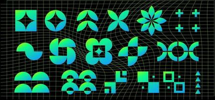 geométrico holográfico marco formas en un negro antecedentes. resumen antecedentes, patrones, cyberpunk elementos en de moda psicodélico delirio estilo. retro-futurista estética de el años 2000 vector