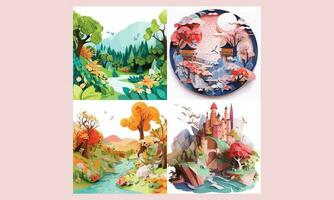 3d papel cortar efecto paisaje clipart vector