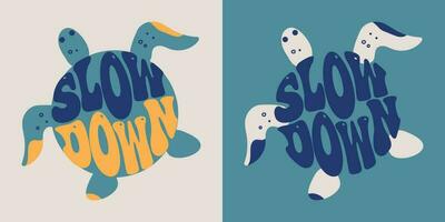 lento abajo. retro maravilloso letras. retro eslogan en redondo forma.vector Tortuga icono ilustración para saludo tarjeta, t camisa, imprimir, pegatinas, carteles diseño en blanco antecedentes. vector