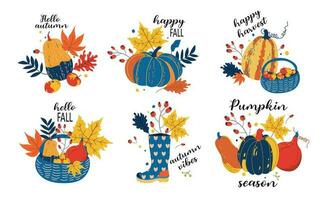 mano dibujado otoño acortar Arte conjunto con letras. naranja, verde calabazas y otoño hojas, manzanas, botas, cesta, leña menuda, bayas.calabaza estación. vector