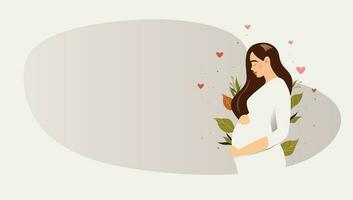 Banner about pregnancy and motherhood with place for text. Pretty pregnant woman with long hair on the background of green leaves.Pregnancy banner. Happy Mother's Day. Flat vector illustration.