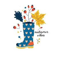 Autumn vibes.Trendy vector rubber boot with hearts and leaves. Modern illustration design for web and print. Autumn holiday atmosphere concept.