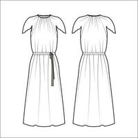 Ladies Long Dress, Maxi Dress Flat Sketch vector