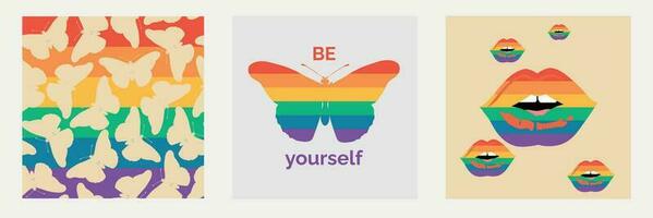 Set of LGBT posters on beige background.Vector set of greeting cards for LGBTQIA pride month. LGBTQ set with butterflies, lips. A symbol of pride for the LGBT community. Rainbow elements. vector