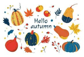 Hola otoño. mano dibujado vector conjunto con calabazas, manzanas y hojas. otoño estación. vector ilustración. octubre cosecha antecedentes. orgánico vegetal jardín alimento.