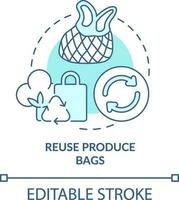 Reuse produce bags turquoise concept icon. Zero waste shopping abstract idea thin line illustration. Reusable tote bags. Isolated outline drawing. Editable stroke vector