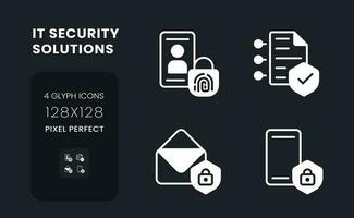 Cyber security solutions white solid desktop icons set. Authentication control. Risk management. Pixel perfect 128x128, outline 4px. Symbols for dark theme. Glyph pictograms. Vector isolated images