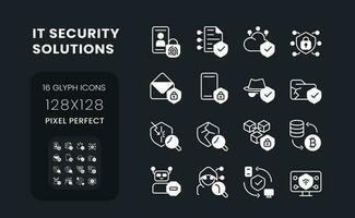 IT security solutions white solid desktop icons set. Information privacy. Data protection. Pixel perfect 128x128, outline 4px. Symbols for dark theme. Glyph pictograms. Vector isolated images