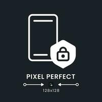 Mobile device security white solid desktop icon. Smartphone privacy. Digital safety. Pixel perfect 128x128, outline 4px. Silhouette symbol for dark mode. Glyph pictogram. Vector isolated image