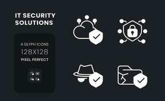 datos seguridad soluciones blanco sólido escritorio íconos colocar. nube informática proveedor. píxel Perfecto 128x128, contorno 4 píxeles. símbolos para oscuro tema. glifo pictogramas. vector aislado imágenes