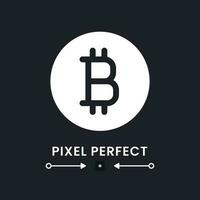 Bitcoin white solid desktop icon. Virtual money. Financial technology. Mining software. Pixel perfect 128x128, outline 4px. Silhouette symbol for dark mode. Glyph pictogram. Vector isolated image