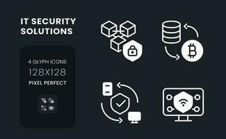 Data privacy solutions white solid desktop icons set. Information protection. Risk management. Pixel perfect 128x128, outline 4px. Symbols for dark theme. Glyph pictograms. Vector isolated images