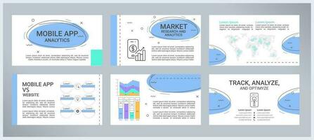 Mobile app analytics presentation templates set. Market research. Performance analysis. Application usage. Ready made PPT slides on white background. Graphic design vector