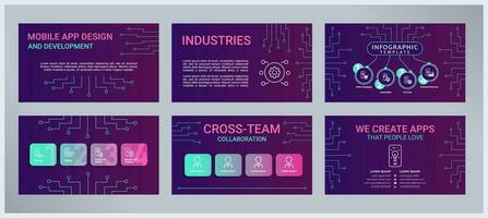 Mobile app design and development presentation templates set. Software engineering. IT solution provider. Ready made PPT slides on purple background. Graphic design vector