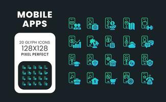 Mobile apps blue solid gradient desktop icons. Software development. Social media marketing. Pixel perfect 128x128, outline 4px. Glyph pictograms kit for dark theme. Isolated vector images