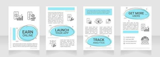 Earn online white and blue premade brochure template. Startup launch. Monetization strategy. App development booklet design with icons, copy space. Editable 4 layouts vector