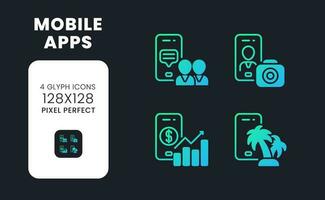 Mobile apps blue solid gradient desktop icons. Software monetization. Digital marketing. Online tools. Pixel perfect 128x128, outline 4px. Glyph pictograms kit for dark theme. Isolated vector images