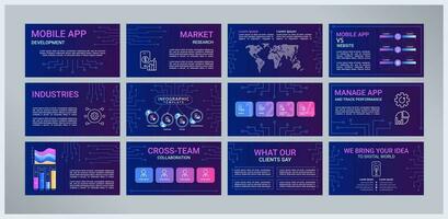 Mobile app development presentation templates set. Software monetization. Information technology. E-commerce. Ready made PPT slides on purple background. Graphic design vector