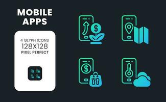 Mobile apps blue solid gradient desktop icons. Market research. Information technology. Digital tools. Pixel perfect 128x128, outline 4px. Glyph pictograms kit for dark theme. Isolated vector images